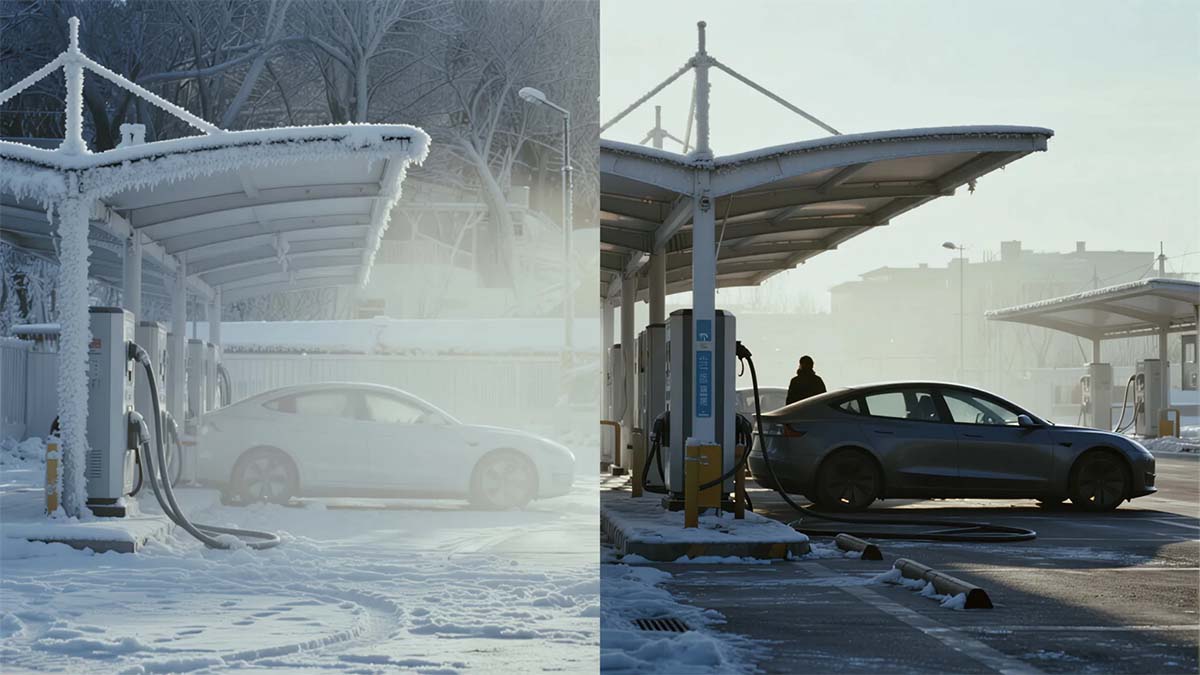 Side-by-side EV fast-charging scenes in winter and summer