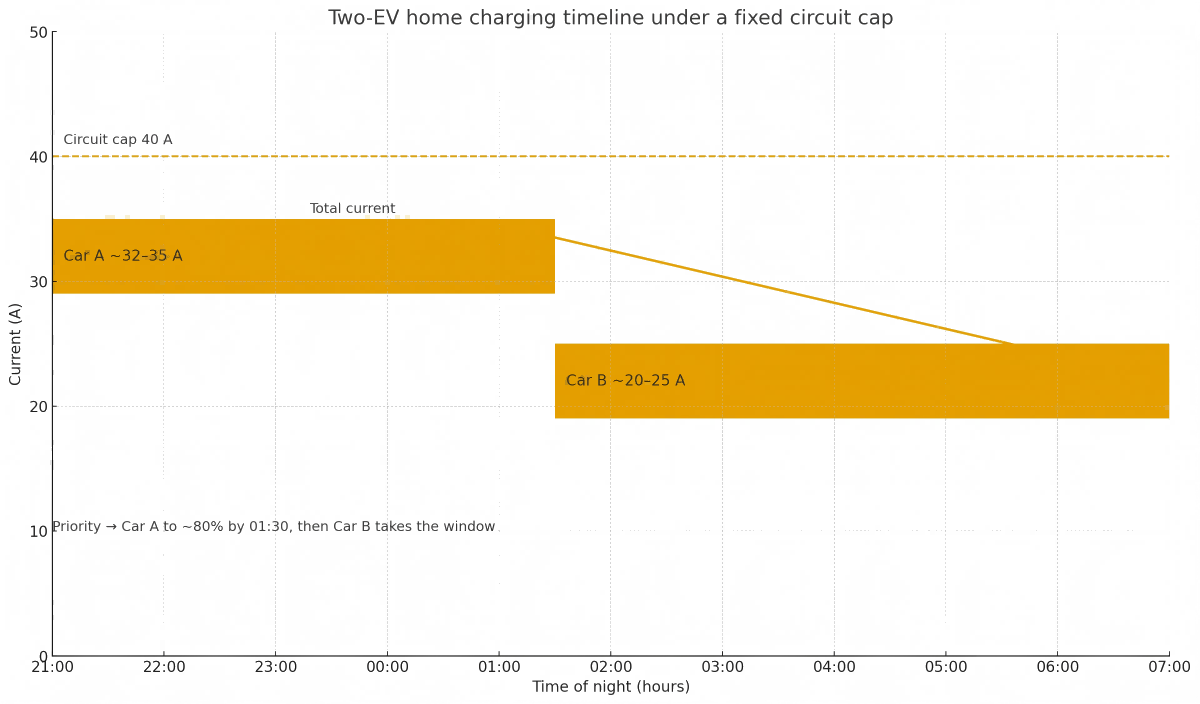 two-EV home charging timeline with dynamic load sharing under a fixed circuit cap two-EV home charging timeline with dynamic load sharing under a fixed circuit cap
