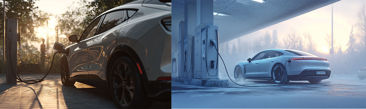 Side-by-side EV scenes in winter cold and summer heat showing range impact Side-by-side EV scenes in winter cold and summer heat showing range impact
