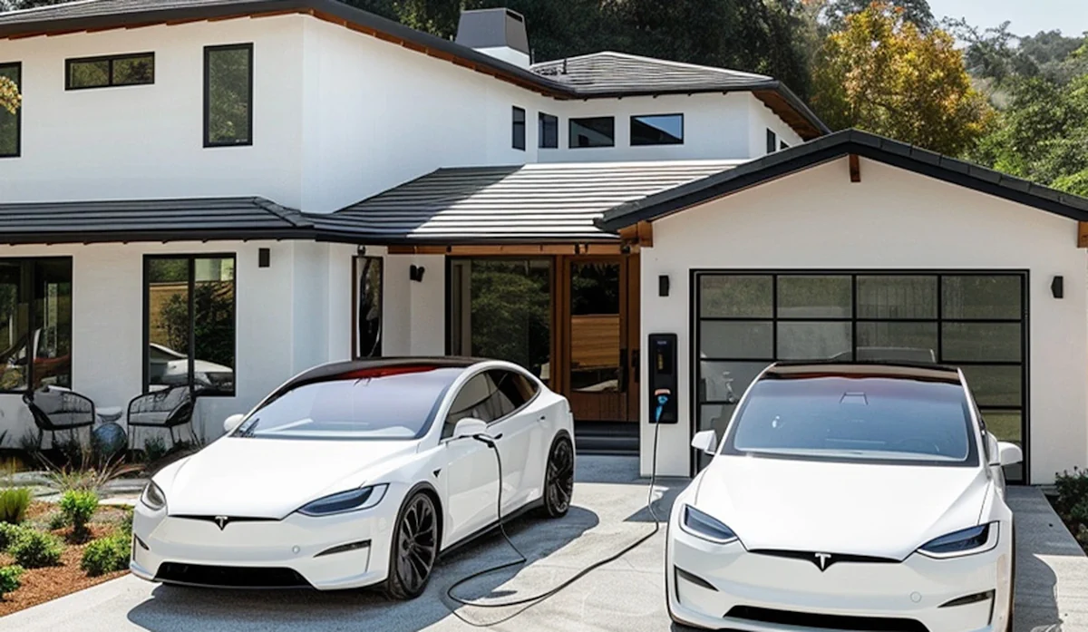 Two electric cars on a suburban driveway with one wall-mounted home charger Two electric cars on a suburban driveway with one wall-mounted home charger