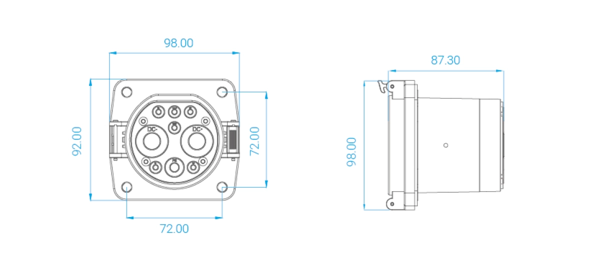 Dimension drawing of Workersbee GBT DC vehicle inlet socket with front and side views Dimension drawing of Workersbee GBT DC vehicle inlet socket with front and side views
